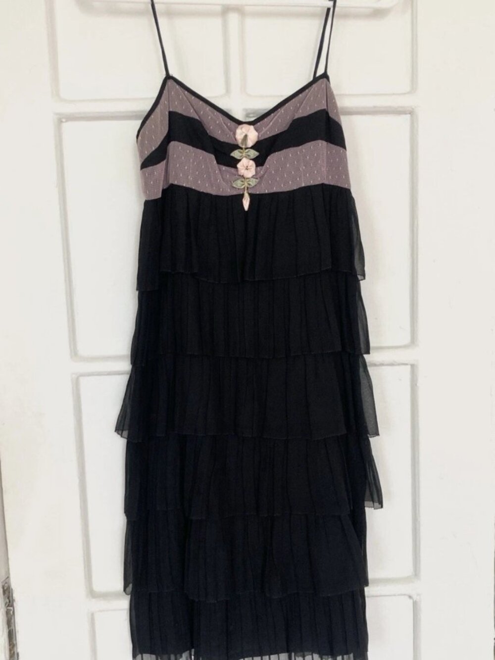 Vintage Betsey Johnson Y2K Black Pink Silk Chiffon Ruffle Dress